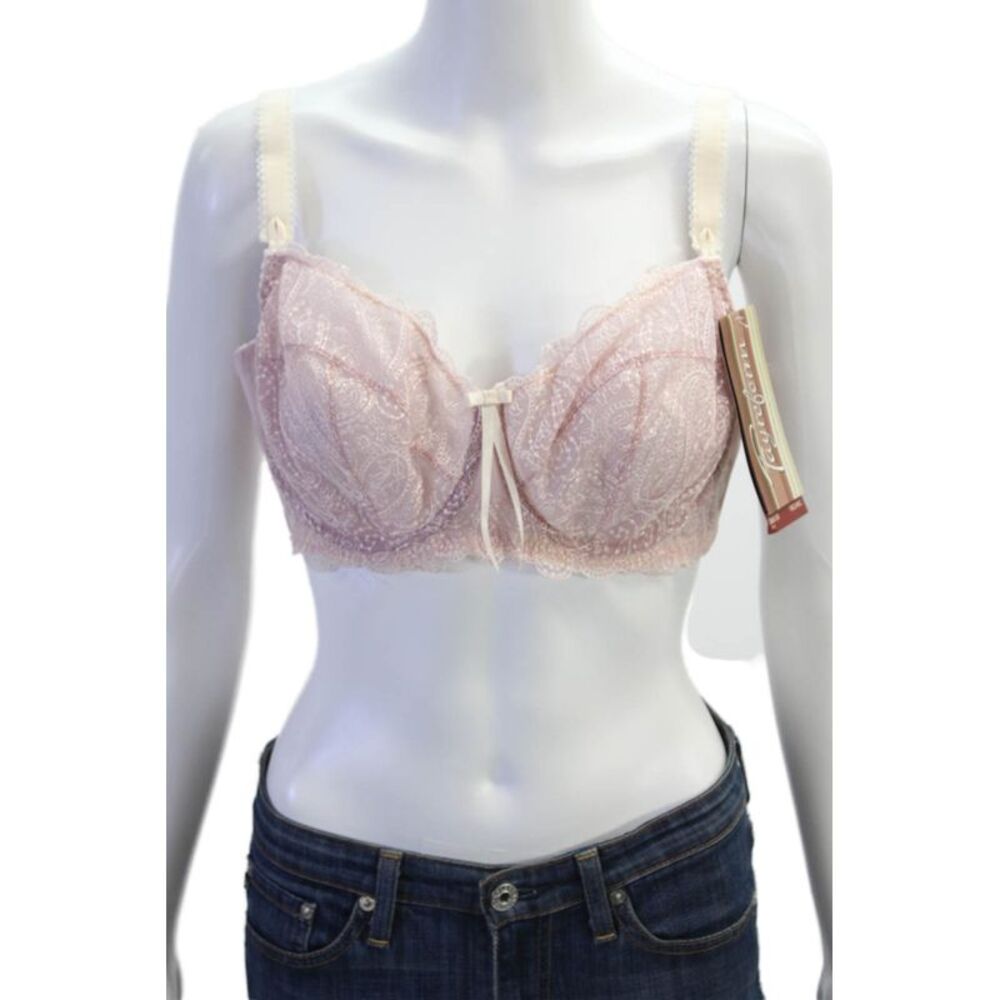 Fayreform Womens Embroidered Sheer Lace Cup Bow Accent Bra Pink Size UK 36G